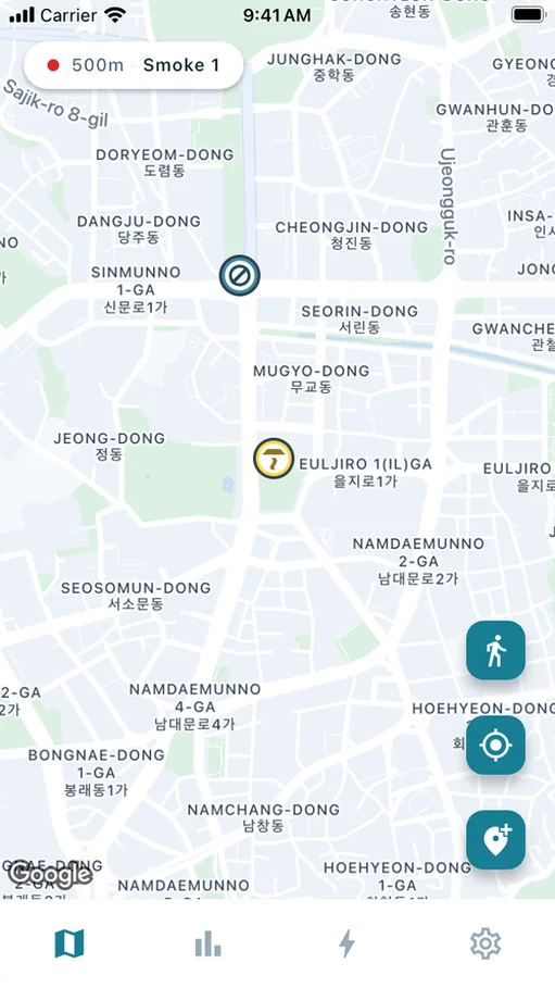 The NoGuri map showing a smoke mark 500 m away