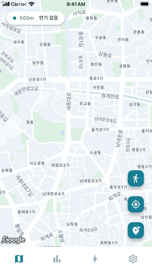 500m 거리의 연기 마크가 표시된 NoGuri 지도